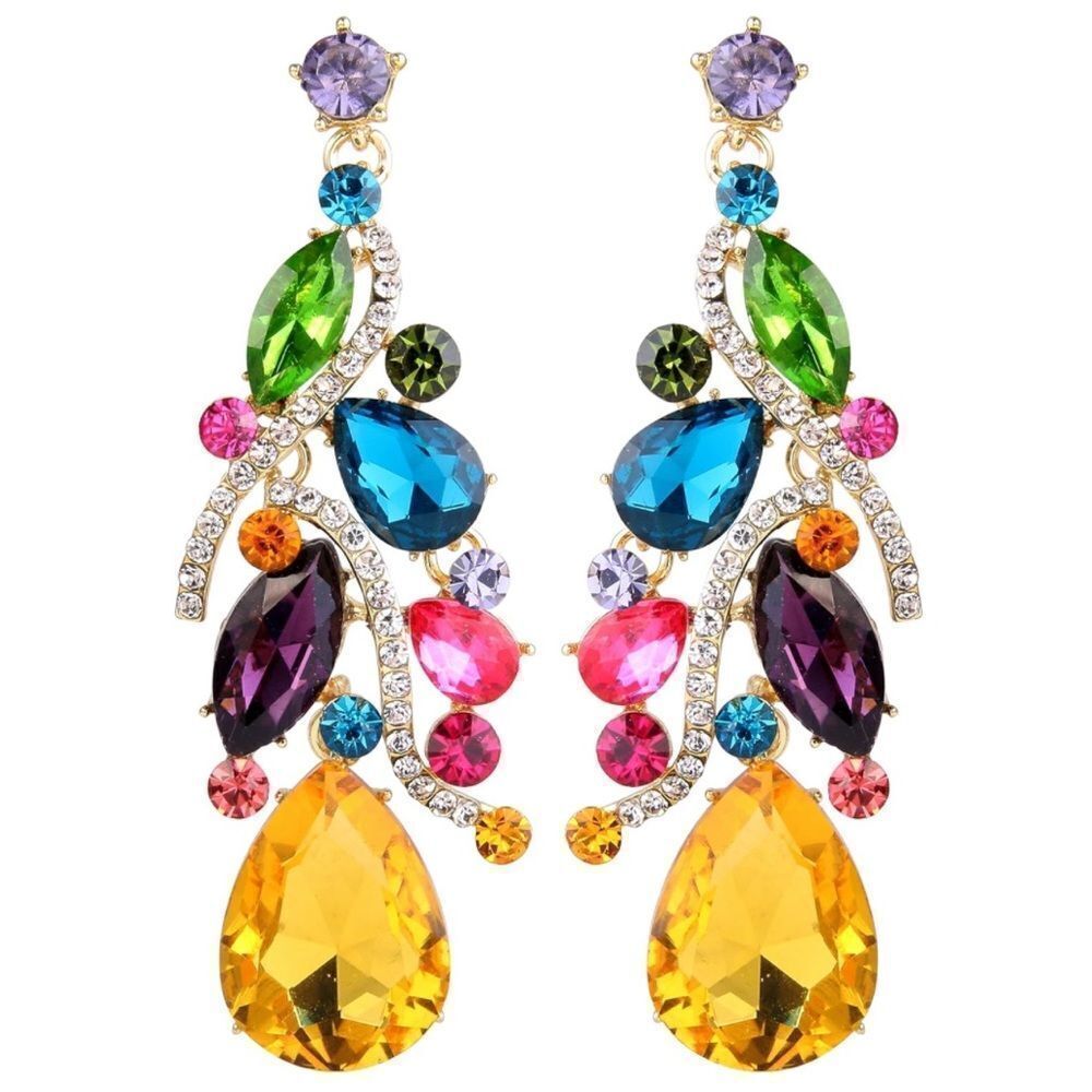 Yellow Gold with Multicolored Austrian Crystal Teardrop Chandelier Earrings
